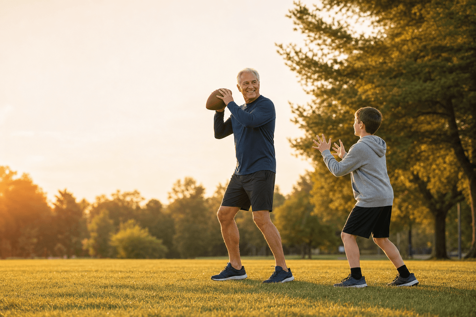 Grandfather and grandson playing catch with a football outdoors after shoulder replacement recovery
