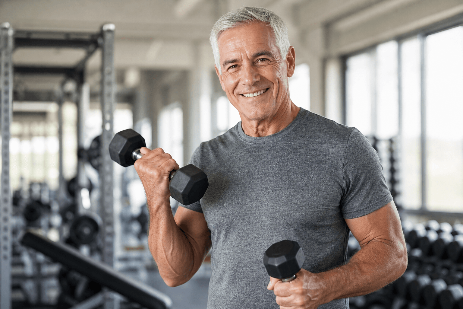 Senior man lifting dumbbells in the gym