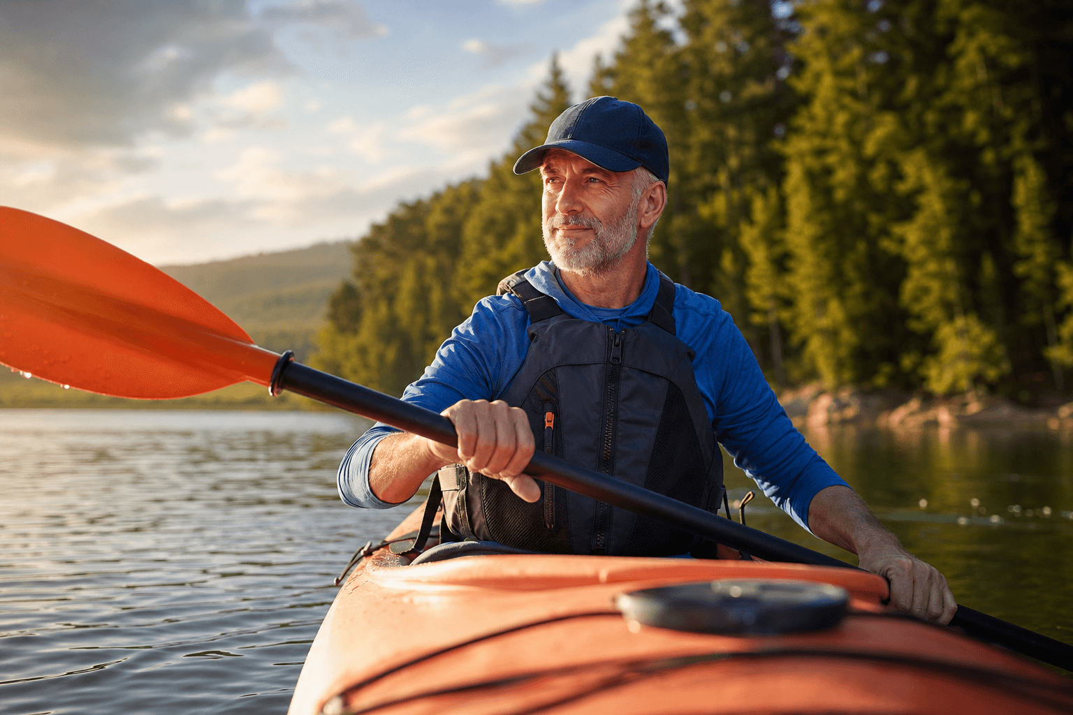 Senior man paddling a kayak on a lake