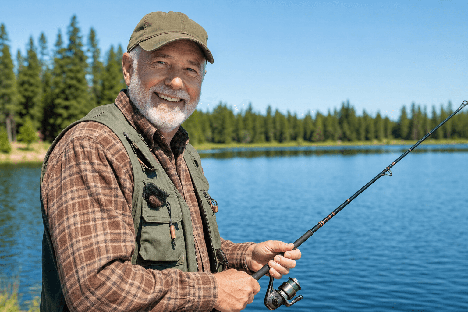 Senior man fishing at a lake after shoulder replacement recovery
